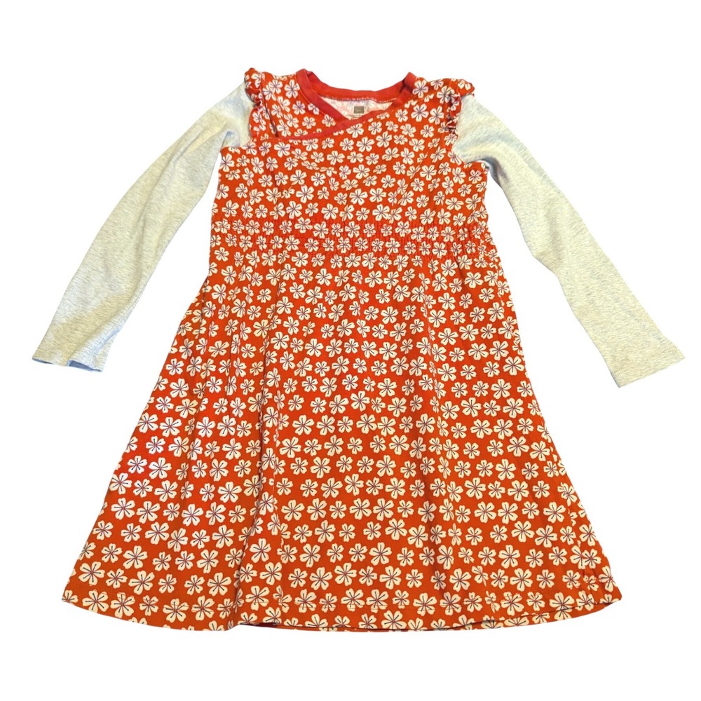 Tea Collection Girls Red Floral Long Sleeve Wrap Dress Ruffle Shoulder Size 5
